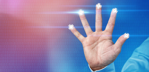 Biometric scanning of a hand, with fingerprints to secure your business: close up concept