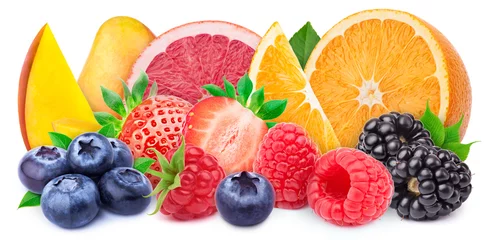 Wall murals Fruits Perfectly retouched group of fruits whith leaves isolated on white background with clipping path