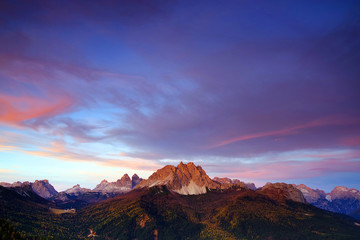 Cadini di Misurina and Tre Cime di Lavaredo in sunset light, Dolomites, Italy, Europe