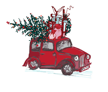 Festive New Year 2018 card. Red taxi cab with fir tree decorated red balls isolated on white background