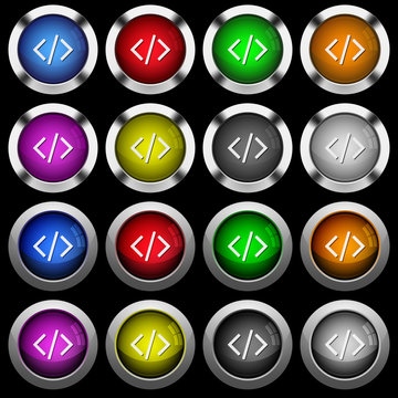 Script code white icons in round glossy buttons on black background