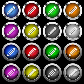 Single pencil white icons in round glossy buttons on black background