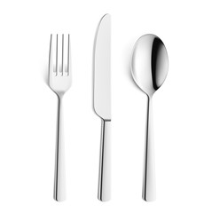 Set of realistic fork, knife and spoon isolated on white. Vector illustration.

