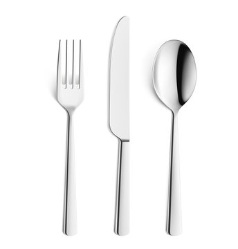 Set of realistic fork, knife and spoon isolated on white. Vector illustration.
