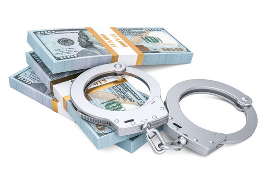 Handcuffs and dollar packs, crime concept. 3D rendering