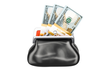Purse with dollar packs inside, 3D rendering