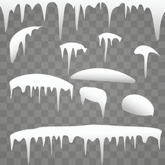 Set of realistic borders with snow and icicles on transparent background, vector illustration