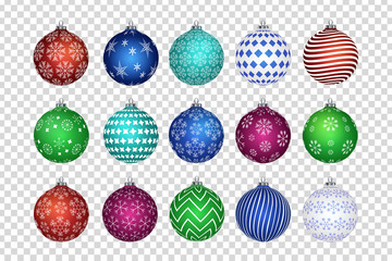 Vector set of realistic isolated Christmas balls for decoration and covering on the transparent background. Concept of Merry Christmas and Happy New Year.