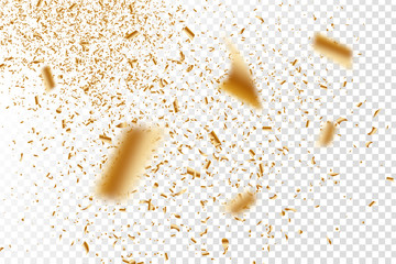Vector realistic golden confetti on the transparent background. Concept of happy birthday, party and holidays.