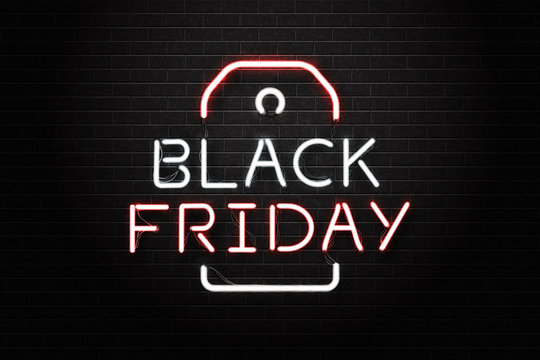Vector realistic isolated neon sign of Black Friday lettering for decoration and covering on the wall background. Concept of sale, clearance and discount.