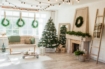 New Year and Christmas 2018. Beautiful, bright, spacious, decorated, Christmas apartment with a fireplace, a large beautiful tree and a huge window.