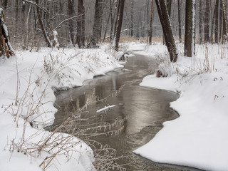 Winter landscape with a small river in a frosty morning