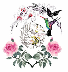 Watercolor hand drawn seamless pattern with beautiful flowers and colorful birds on white background.