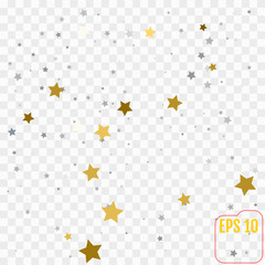 Abstract pattern of random falling golden and silver stars on white background. Elegant pattern for banner, greeting card, Christmas and New Year card, invitation, postcard, paper packaging. Vector