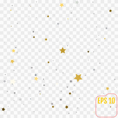 Abstract pattern of random falling gold and silver stars on transparent  background. Glitter pattern for banner, greeting card, Christmas and New Year card, invitation, postcard, paper packaging. 