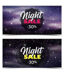 Vector illustration night sale dark banner. Abstract stage with clouds and stars
