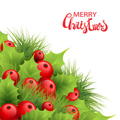 Vector realistic holly and fir tree branches Christmas ornament. Holly green leaves and red berries on white background. Merry Christmas calligraphy text. Card template