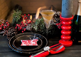 Christmas and New Year Festive table Installation with champagne