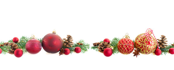 Christmas red balls and evergreen twigs seamless border isolated on white background