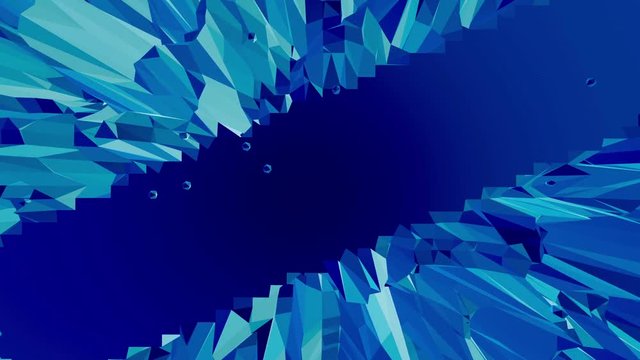 Blue low poly plastic surface as crystal mesh. Blue polygonal geometric plastic environment or pulsating background in cartoon low poly popular modern stylish 3D design. Free space