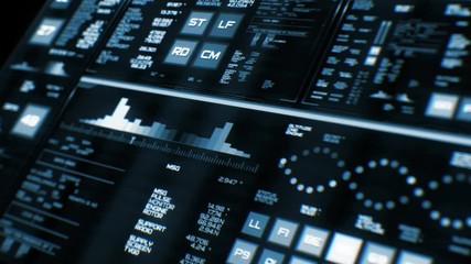 Perspective view of deep blue futuristic interface/Digital screen/Detailed abstract background. Blinking and switching indicators of command center computer,processing data, AI.