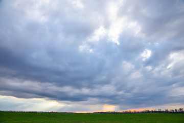 Rain clouds over a green field