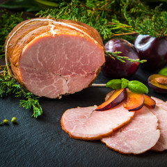 Smoked ham with plums and herbs