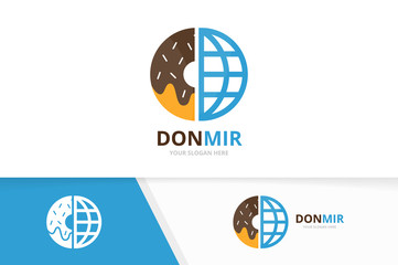 Vector donut and planet logo combination. Doughnut and world symbol or icon. Unique bakery and globe logotype design template.