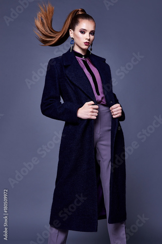 Beautiful Sexy Business Woman Wear Black Wool Coat Silk Blouse And Pants Style For Office Dress Beautiful Sexy Business Woman Wear Black Wool Coat Silk Blouse And Pants Style For Office Dress