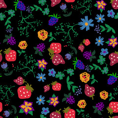 Seamless pattern with flowers and strawberries.