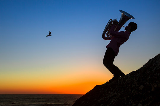 Silhouette of musician play Tuba on sea shore at sunset.