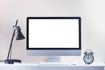 Work desk with PC computer, copy space on blank screen