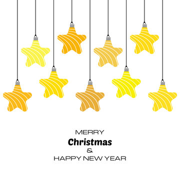 Merry Christmas and Happy New Year background with yellow christmas balls. Vector background  for your greeting cards, invitations, festive posters. 
