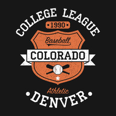 Colorado, Denver vintage baseball graphic for t-shirt. Original clothes design with grunge and shield. Apparel typography. Sportswear print. Vector illustration.