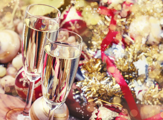 Champagne In A Glass, New Year or Christmas Decorations, Festive Background, Selective Focus