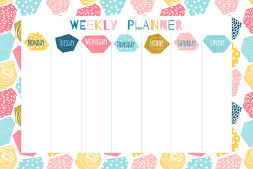 Cute and colorful weekly planner template with geometric abstract background for stationery, organizer for daily plans and schedules