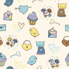 Cute hand drawn seamless vector pattern with cats, birds and other love theme doodle elements for stationery and invitations