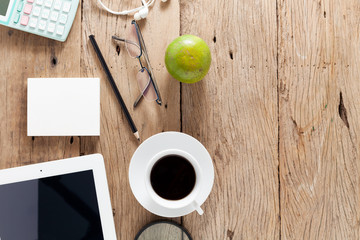 Office desk wood table of Business workplace and business objects