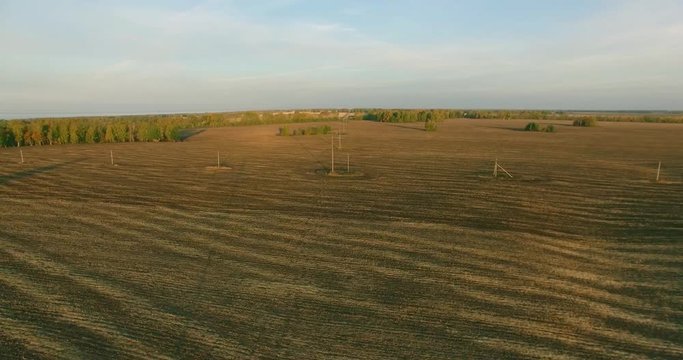 UHD 4K aerial view. Mid-air flight over electric power lines. Yellow rural field at sunny autumn evening. Green trees on horizon. Fast horizontal movement.
