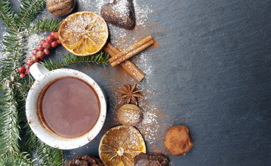 Obraz na płótnie Canvas Christmas stone background with fir tree, nuts and hot chocolate