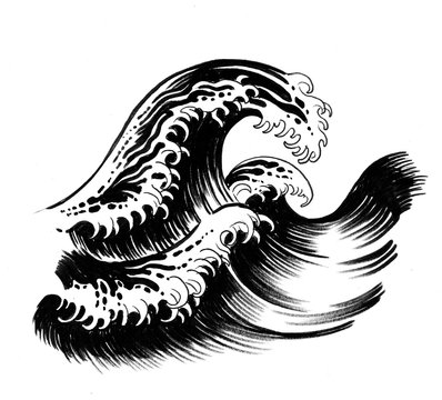 Ink illustration of a big waves