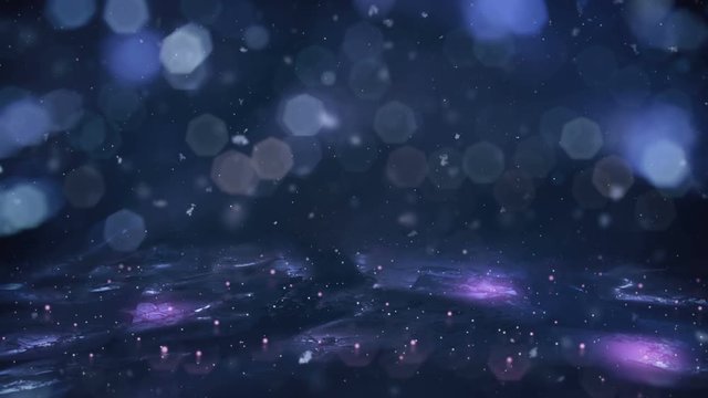 Christmas Winter Motion background : blue Lights and snow slowly falling on ice with pink glow bokeh defocused. Seamless loop 4k
