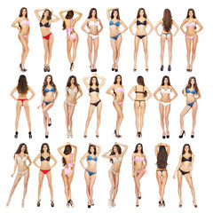 Collage, Beautiful full body brunette beauty women in sexy underwear, isolated on white  © Andrey_Arkusha