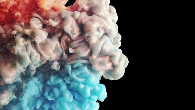 Colorful red/blue paint drops from left mixing in water. Ink swirling underwater. Cloud of ink isolated on black background with alpha. Colored abstract smoke explosion animation. Close up view