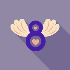 Vector illustration of 8 march womens day greeting in cartoon style with red ribbon, curved eight, pink roses and lettering text sign isolated on white background