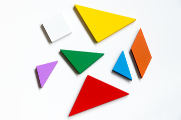 Straggled tangram puzzle  wait to complete the shape on white background