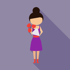 Vector illustration cartoon mother with present. Isolated white background. Flat design. The woman with flowers. 8 march