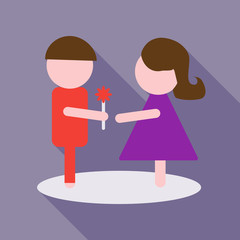 Man dressed in a suit gives a woman a bouquet of flowers and a gift. Vector illustration of a flat design