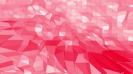 Rosy or pink low poly oscillating surface as fantastic relief. Red polygonal geometric vibrating environment or pulsating background in cartoon low poly popular modern stylish 3D design. Free space - Powered by Adobe
