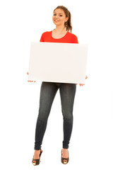 young woman holding white board isolated over white background